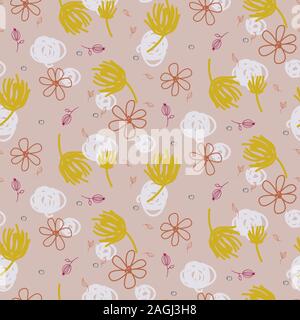 Abstract shapes and florals seamless pattern. Pale pink and mustard repeat background for wrap, textile and print design. Stock Vector