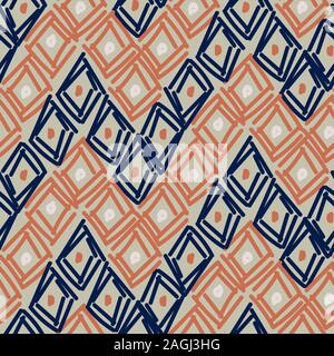 Rhombuses hand drawn abstract shapes seamless pattern. Blue brown repeat background for wrap, textile and print design. Stock Vector