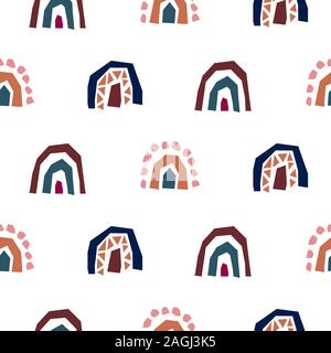 Rainbow cut out paper abstract modern shapes seamless pattern. Blue brown repeat background for wrap, textile and print design. Stock Vector