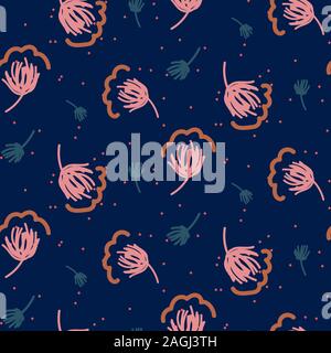Abstract shapes and florals seamless pattern. Bright blue repeat background for wrap, textile and print design. Stock Vector