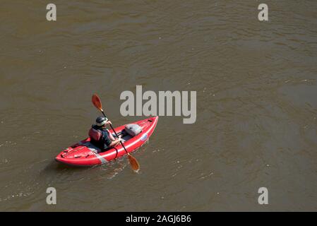 Paddling an inflatable kayak on Idaho's Lower Salmon River. Stock Photo