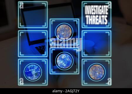 Conceptual hand writing showing Investigate Threats. Concept meaning carry out a systematic inquiry on potential danger Elements of this image furnish Stock Photo