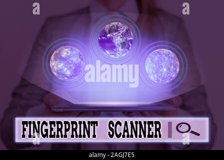 Writing note showing Fingerprint Scanner. Business concept for Use fingerprint for biometric validation to grant access Elements of this image furnish Stock Photo