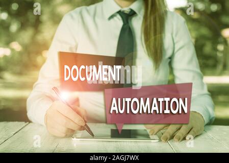 Handwriting text Document Automation. Conceptual photo workflows that assist in creation of electronic document Female business person sitting by tabl Stock Photo