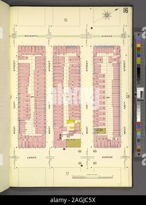 Manhattan, V. 11, Plate No. 16 Map bounded by 7th Ave., W. 136th St., Lenox Ave., W. 133rd St.; Atlases of New York city. / Insurance maps of New York. / Manhattan / Atlas 126. Vol. 11, pt. 1, 1909. Stock Photo