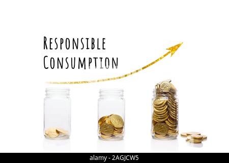 Part of Financial series images. Collage with glass jars with gold coins. Ecology and responsible consupmtion concept Stock Photo