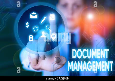 Conceptual hand writing showing Document Management. Concept meaning Computerized analysisagement of electronic documents Stock Photo