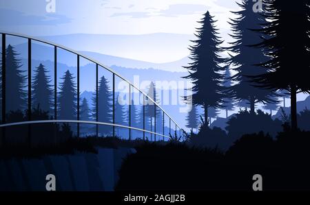 Nature forest Natural Pine forest mountains horizon Landscape wallpaper and the route Sunrise and sunset Illustration vector style colorful background Stock Vector