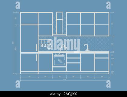 Kitchen furniture, front view in linear style. Interior vector illustration Stock Vector