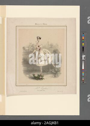 Lithograph by Haguental. Full-length to left, facing front, on left toe, right leg extended to right, right arm up, left hand holding a garland of flowers, pink and white costume, flowers in hair; bushes and buildings in background.; Melle Taglioni dans L'ombre (ballet) Stock Photo