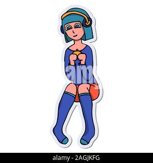 cute white girl gamer with a gamepad in hands and headphones sticker. White background isolated stock vector illustration Stock Vector