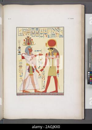 Keywords: Bîbân el-Mulûk (Egypt); Re'-Harakhty; Djed; Atef; Uraeus; Solar disk. Davidson (1988) 7-10; Menphtah II [Merneptah], figlio e successore di Ramses III [Ramesses II], sta dinnanzi a Phrê [Ra]: due figure gigantesche scolpite e dipinte nell'ingresso della tomba di quel re a Biban-el-Moluk [Bîbân el-Mulûk]. Stock Photo