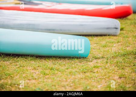 SUP boards lying on the grass by the river, lake or sea Stock Photo