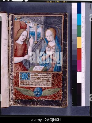 Listed in De Ricci, Seymour, Census of Medieval and Renaissance Manuscripts in the United States and Canada. New York. N.Y.: H.W. Wilson, 1935; and Supplement, New York, N.Y.: Bibliographical Society of America, 1962. Ownership : Erased arms of first owner at foot of crucifixion miniature; birth notices (1548-9) on inside front cover.  Bookplate of comte de Monlaur; Marques de Astorga collection; bookplate of Prince Crouy-Chanel.  Collection of Felix M. Warburg, bequeathed 1937. De Ricci, 1850.  De Ricci, Supplement, 330.  Chart by Dr. G.B. Guest. 33 long lines per page, ruled in red pencil. P Stock Photo