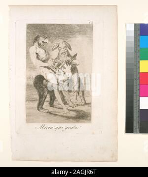 1799 is the date of publication of the first edition. Holdings checked in departmental copy of Loys Delteil, Le peintre-gravure illustré, v. XIV and v. XV. Printed in sepia ink. The ink, along with the paper, corresponds to the description of the first edition by Tomás Harris, Goya: engravings and lithographs. The paper is described according to the guidelines in The Print Council of America's paper sample book. Citation/Reference: 63 Citation/Reference: D100(II/III); Miren que grabes!