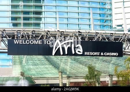 Welcome to Aria resort and casino sign at the entrance to the hotel, entertainment and shopping promenade on the Las Vegas Strip - Las Vegas, Nevada, Stock Photo