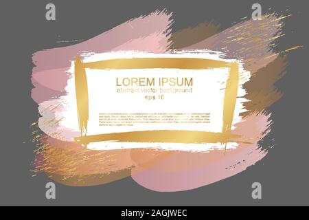 Delicate pastel rose gold background. Abstract brush strokes of paint with a gold frame. Luxury background and frame for wedding Stock Vector