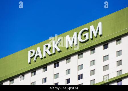 Park MGM sign atop hotel, casino, entertainment and shopping promenade facade and exterior as seen from Las Vegas Strip - Las Vegas, Nevada, USA - Dec Stock Photo