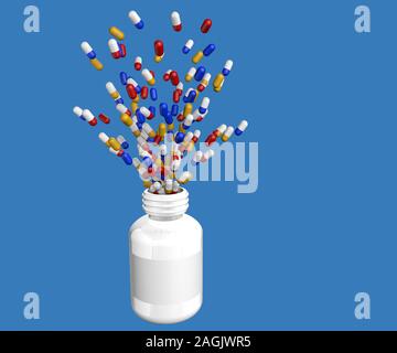 Group of yellow, blue and red medicine capsules flying out of the inside of a white plastic bottle without lid on blue background Stock Photo