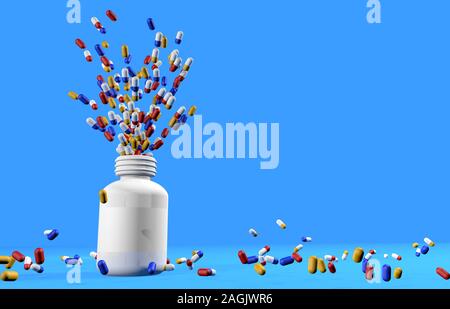 Group of yellow, blue and red medicine capsules flying out of the interior of a white plastic bottle without a lid and fall to the floor in a messy ba Stock Photo