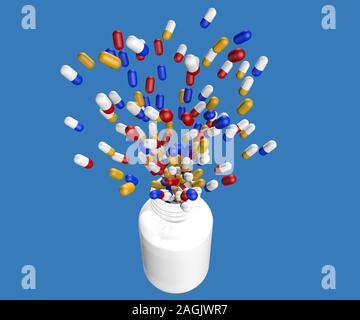 Top view of group of yellow, blue and red medicine capsules flying out of the inside of a white plastic bottle without lid on blue background Stock Photo