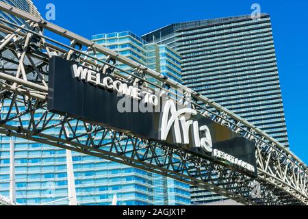 Welcome to Aria resort and casino sign at the entrance to the hotel, entertainment and shopping promenade on the Las Vegas Strip - Las Vegas, Nevada, Stock Photo