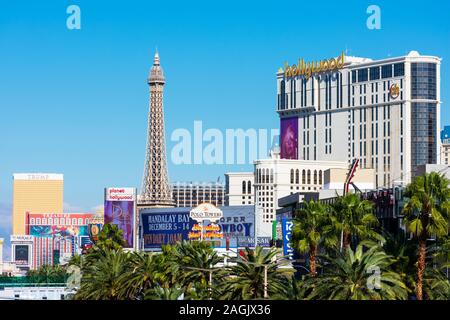 Las Vegas Strip cityscape from pedestrian bridge at New York-New York Hotel - Las Vegas, Nevada, USA - December, 2019 Stock Photo