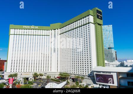 Exterior facade view of Park MGM, NoMad and Park Theater. The building hotel, casino, entertainment and shopping promenade - Las Vegas, Nevada, USA - Stock Photo