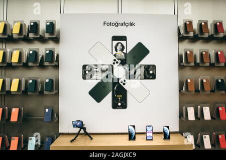 Turkey, Istanbul, December 17, 2019: Advertising the new iPhone 11 and iPhone 11 pro and selling new cell phones in the Apple Store. Stock Photo