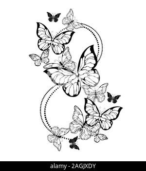 Number eight made from contour, realistic, flying butterflies on white background.  Happy Women's Day. Stock Vector
