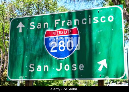 Interstate 280 highway road sign showing drivers the directions to San Francisco and San Jose Stock Photo