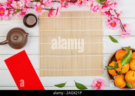 Flat lay of accessories Chinese new year 2020 and decorations Lunar new year festival concept background. Overhead, top view. Copy space, template Stock Photo