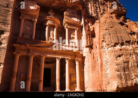 Petra, Al Khazneh, Treasury, rock cut temple, cliff sculpture, old architecture, Jordan, middle east, Asia Stock Photo