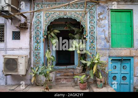 Decorative doorway and doorframe, with plants, in Old Delhi India near Chandi Chowk road Stock Photo