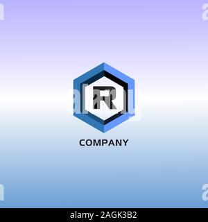 Letter R Alphabetic Logo Design Template, Light Blue, Hexagon Logo Concept, Gradation Background Stock Vector