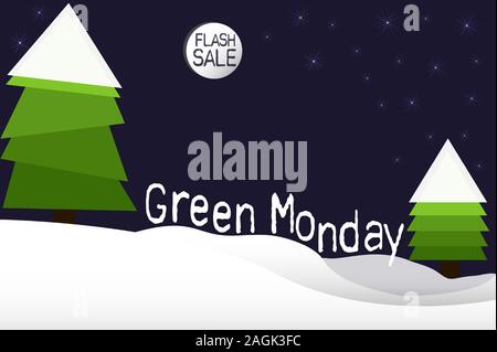 Green monday sale pine tree, snow on night sky background Stock Vector