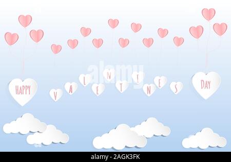 Valentines day concept background. Vector illustration. Pink paper hearts fly with white paper heart on blue sky and cloud. Cute love sale banner or g Stock Vector