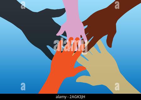 International Human Rights Day concept, Illutrator vector multi color hand on blue background Stock Vector
