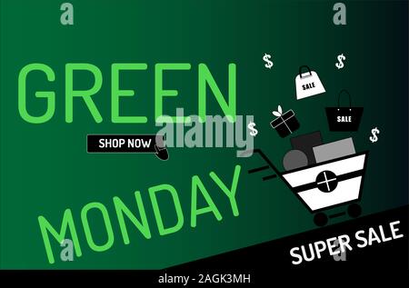 Green Monday sale concept, the shopping cart with gift on green background Stock Vector
