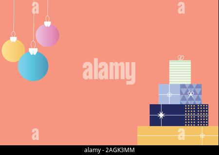 Merry Christmas, chirstmas ball and gift box on pastel background vector Stock Vector