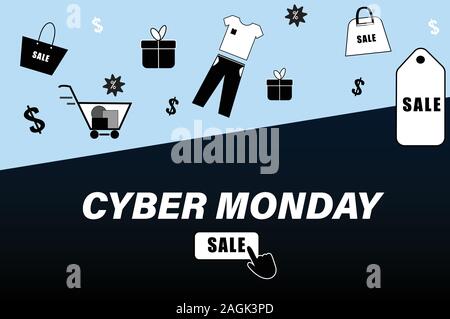 Cyber Monday Sale concept, gift present vector icon on blue background Stock Vector