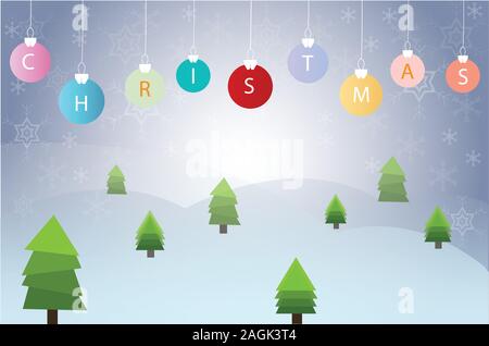 Christmas ball hanging with pine tree vector on blue background Stock Vector