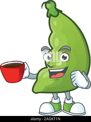 Picture of broad beans character with a cup of coffee Stock Vector