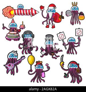 The set of characters of the cartoon jellyfish isolated on a white background. Vector image Stock Vector