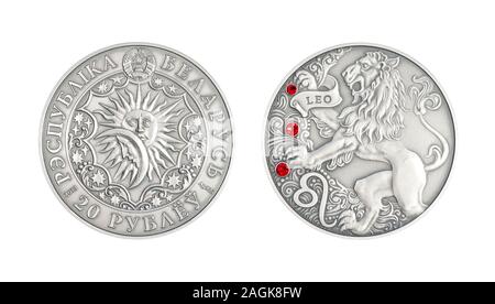 Silver coin 20 Belarus rubles Astrological sign leo Stock Photo