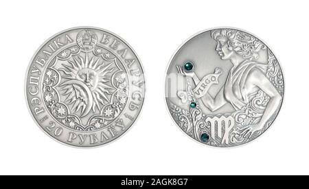 Silver coin 20 Belarus rubles Astrological sign Vigro Stock Photo