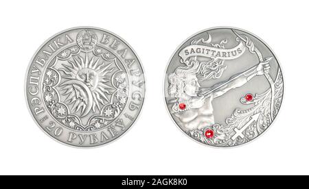 Silver coin 20 Belarus rubles Astrological sign sagittarius Stock Photo