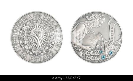 Silver coin 20 Belarus rubles Astrological sign aquarius Stock Photo