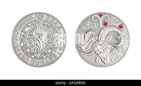 Silver coin 20 Belarus rubles Astrological sign aries Stock Photo