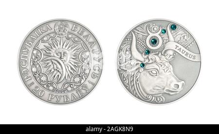 Silver coin 20 Belarus rubles Astrological sign taurus Stock Photo